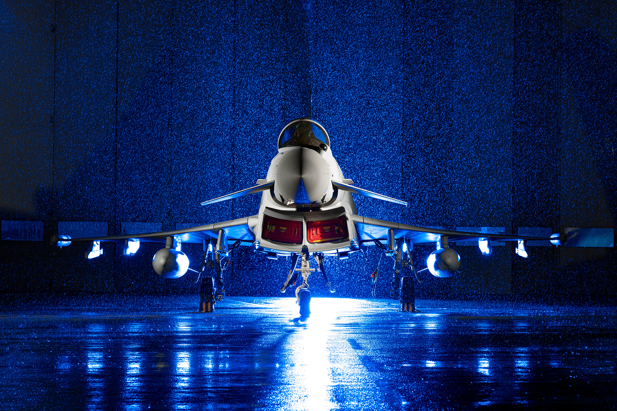 Eurofighter in the rain with blue backlight